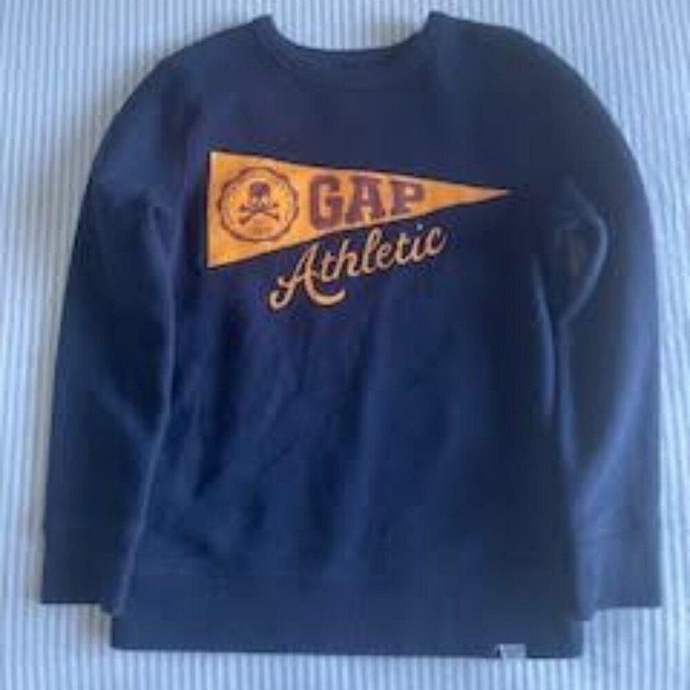 Boys' GAP Athletic Crew Neck Sweater (Size M - 8) Navy Blue with Orange Logo